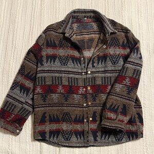 Men's Tribal Pattern Flannel Overshirt Jacket - Brown and Red